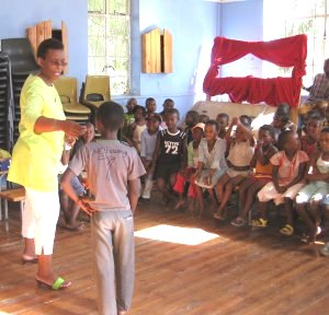Matsele sharing a Bible story with the children